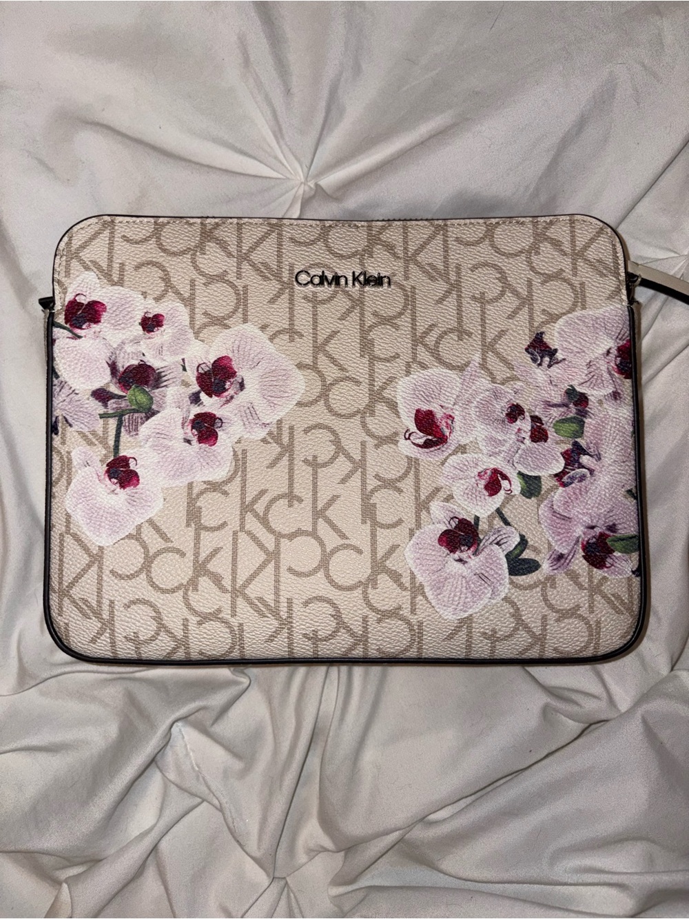 Calvin Klein Cream Monogram Crossbody Purse with Beige Lining